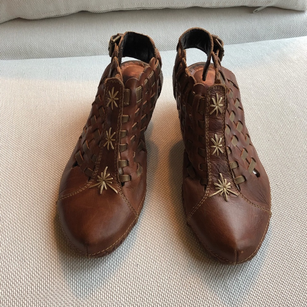 Pikolinos Romana Leather Sling-Back Woven Fisherman Wedges Sz 7.5